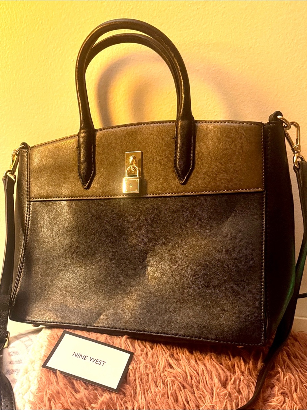 Nine West Black Leather Satchel with Gold Lock Hardware